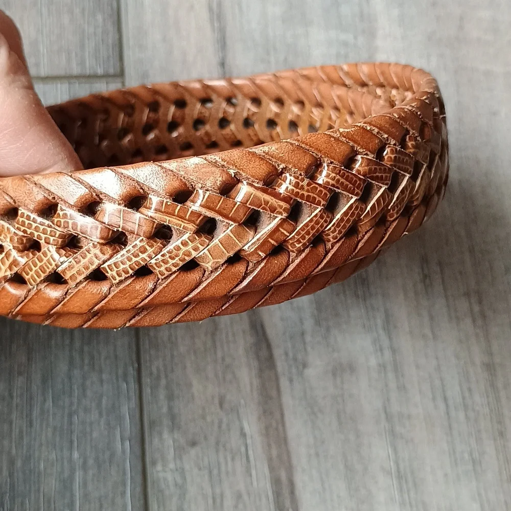 Fossil Tan Braided Leather Belt with Silver Buckle